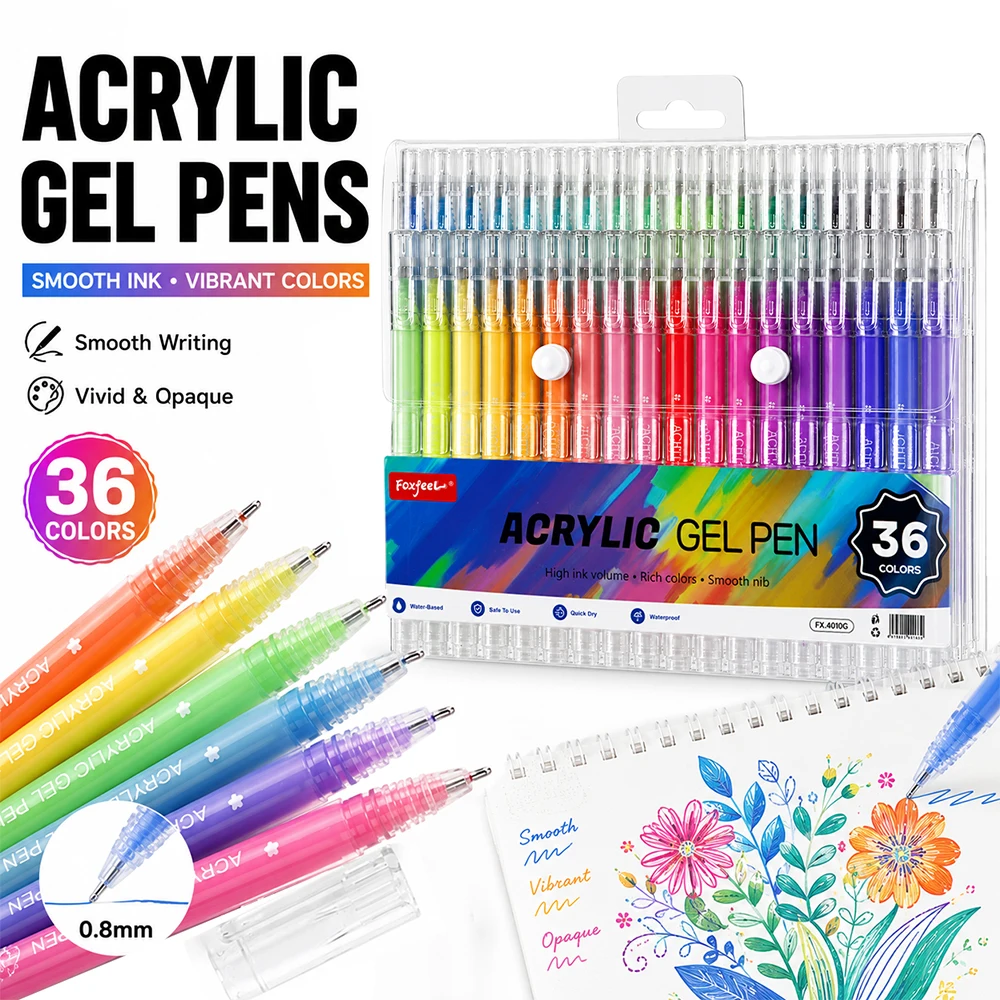 12/36 Colors Acrylic Gel Pens 0.8mm Tip Outline Markers Quick Dry Waterproof Smooth Ink Drawing Coloring Journaling Art Supplies