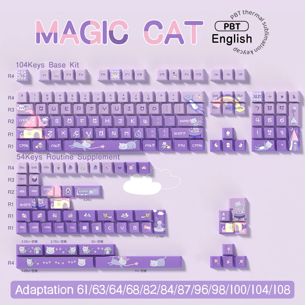 

Purple gradient cute kawaii Meow Castle Magic Cat keycaps Cherry Profile For Gateron Switches Mechanical Gamer Keyboard 1Set