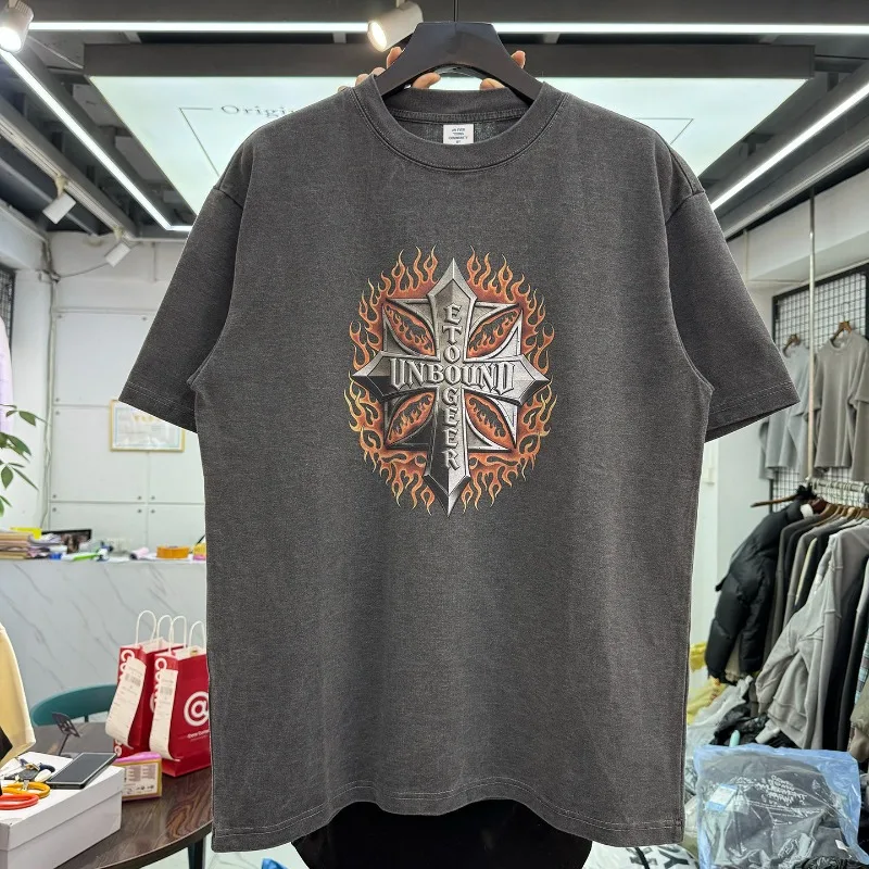 2026 Gray Blue Flame Metal Cross Print T Shirt Men Women Vintage Washed Loose High Street Short Sleeve Cotton Round Neck T-shirt