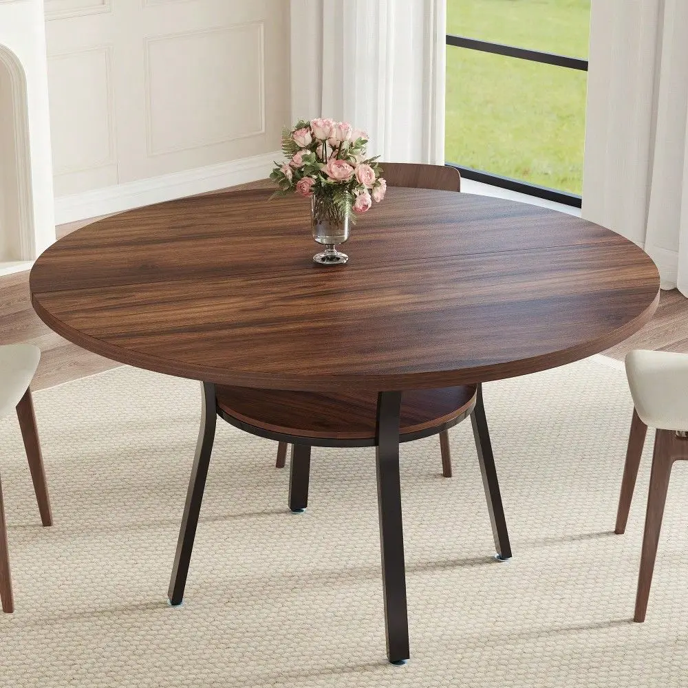 Dining Table For 46, 47 Inch Kitchen Table With Storage, Wooden Circle Dinner Table With Metal Legs, Modern Dining Room Tables