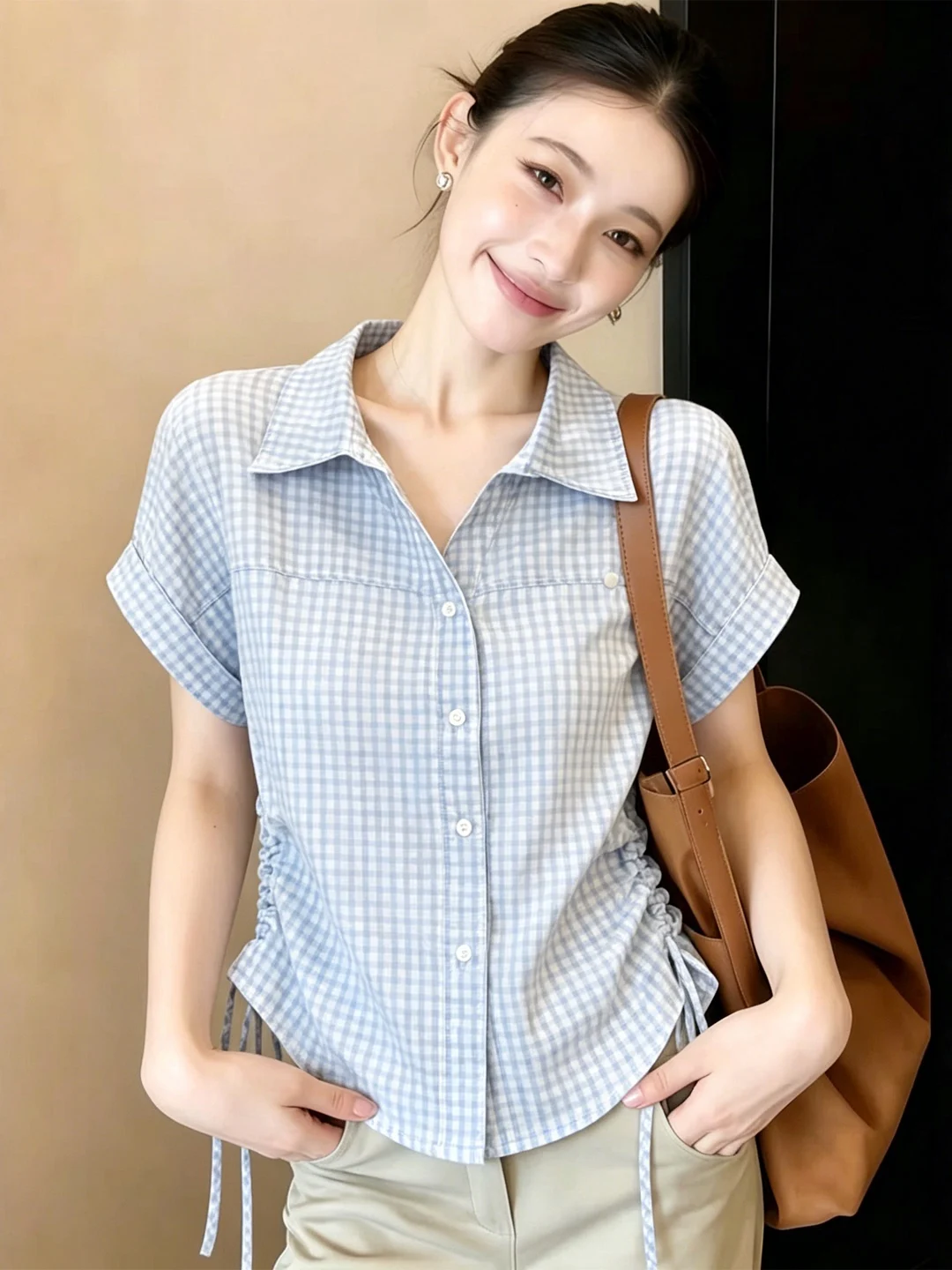 

Blue Plaid Short Sleeve Women's Shirt Drawstring Waist Loose Commute Style Top Korean Version Summer New Design 2026