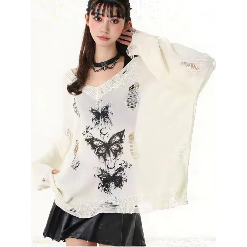 Y2k Hollow out Knit Oversize T shirt Women Long sleeve Off shoulder Top Sexy Basic Transparent Tees Baggy Vintage Ladies New