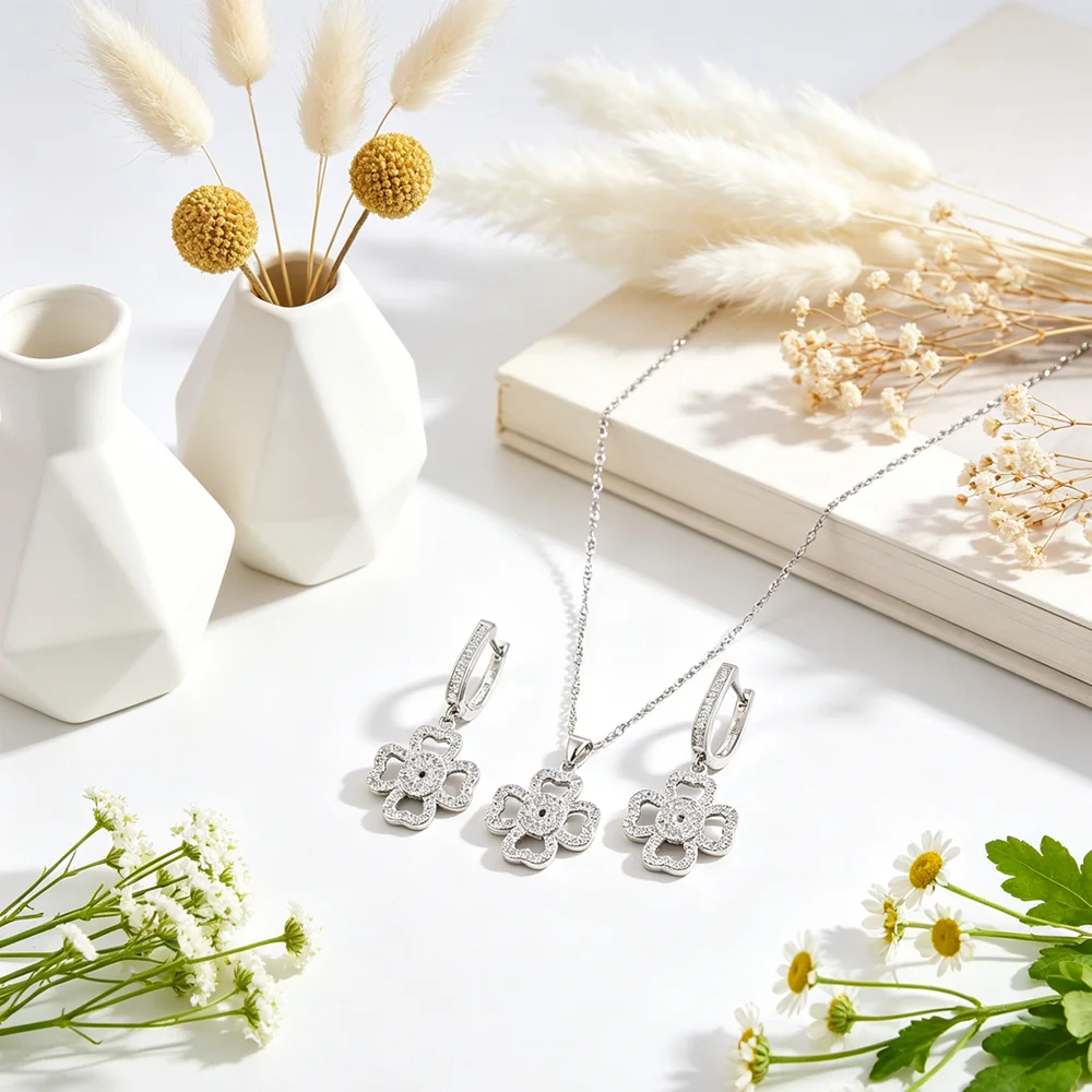 

Elegant Design Best Birthday Gift Flower Shape Zircon Jewelry Sets Genuine 925 Sterling Silver Necklace Pendant Drop Earring