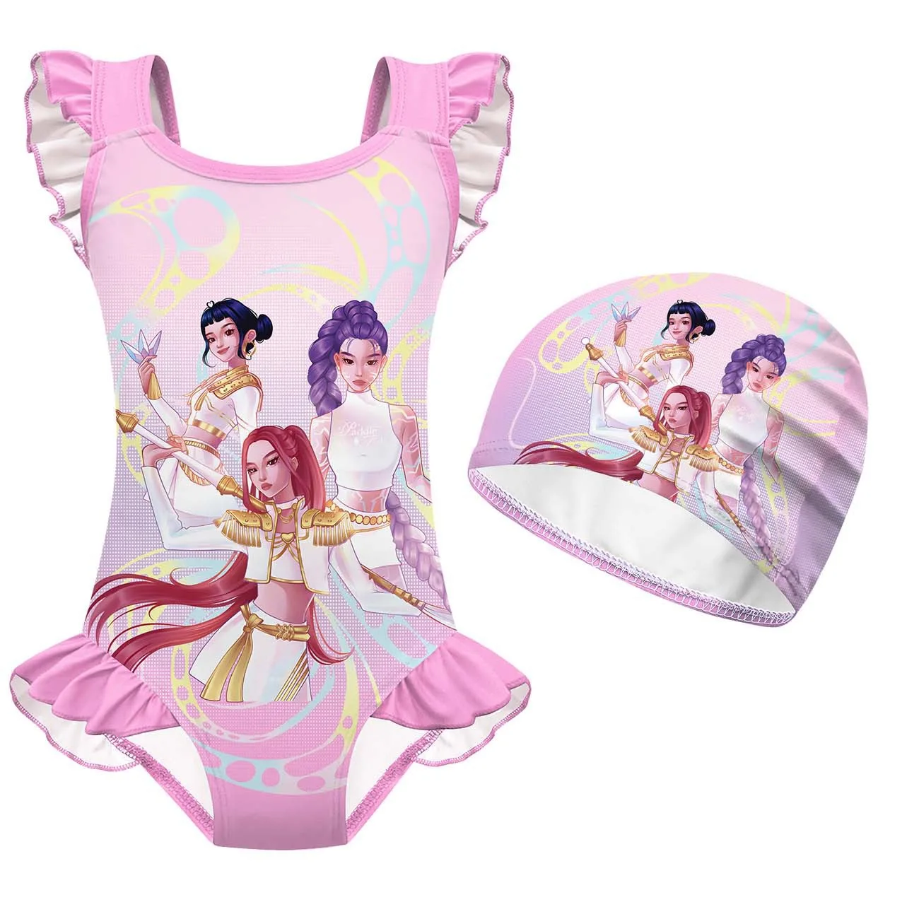 Kids Cute One Piece Kpop Swimsuits,K-pop Style Printed,Full Coverage Monokini for Girls with Free Swim Cap