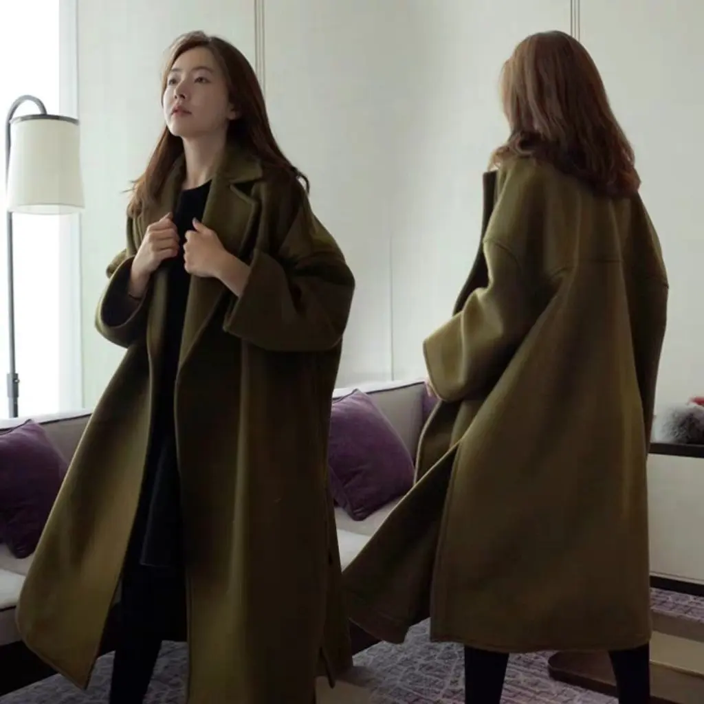 

Winter Women's Over-The-Knee Woolen Outwear Mid-Length Loose Fit Korean Style Military Green Jacket