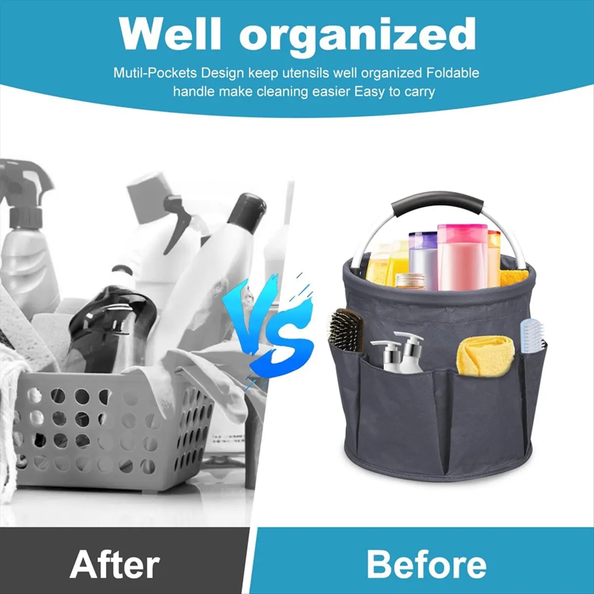 A67T NEW Portable Cleaning Bucket Organiser,6 Pockets Foldable Cleaning Box with Handle Wearable Cleaning Bag for Outdoor Garden