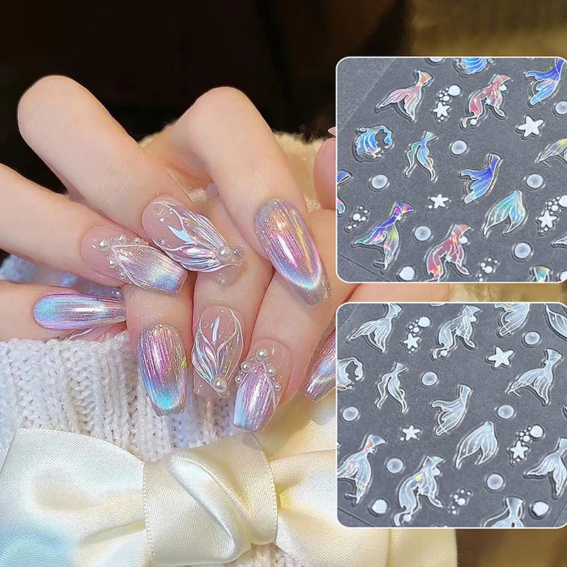 Shiny Colorful Mermaid Fishtail Dazzling Summer Sea Wave Fishtail Beach Rhinestone Ocean 3D Nail Art Sticker Manicure Decal