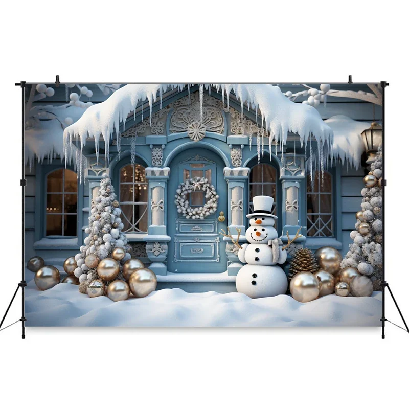 Christmas Snowman Backdrop Xmas Tree Winter Blue House Background Home New year Girl Boys Children Photo Studio Decoration Props