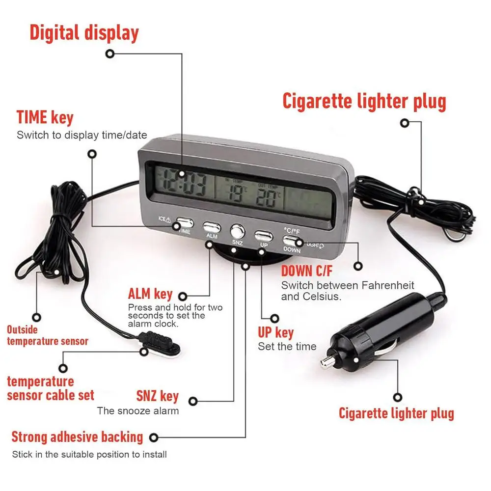 3 w 1 Samochodowy inteligentny termometr cyfrowy zegar woltomierz Wyświetlacz LED DC 12V monitor napięcia wewnętrznego i zewnętrznego samochodu — zdjęcie 3