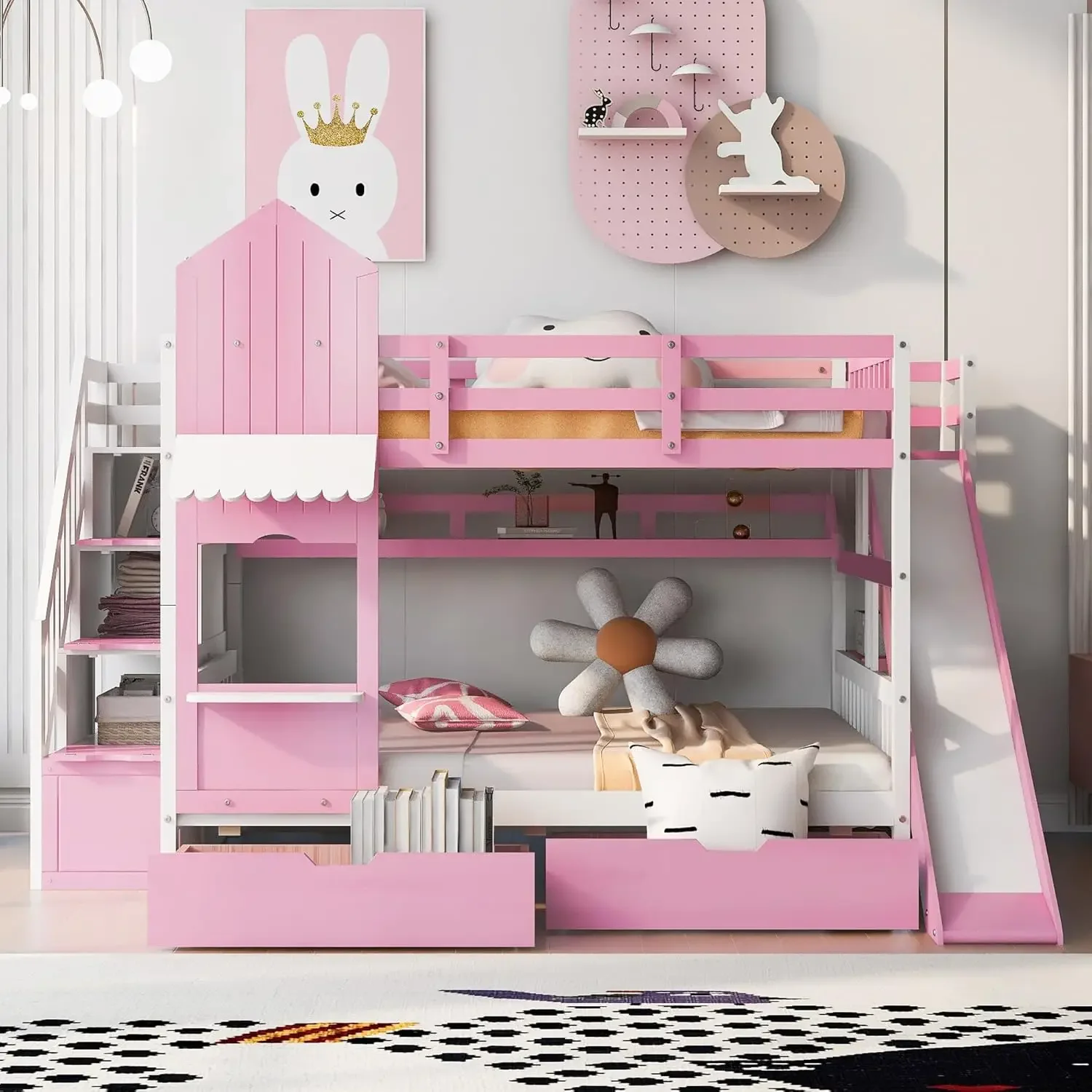 

Softsea Wood Bunk Bed Frame Full Size Bedroom Furniture, Kid'S Bunk Bed Full Over Full With Drawers And Slide And Staircase,