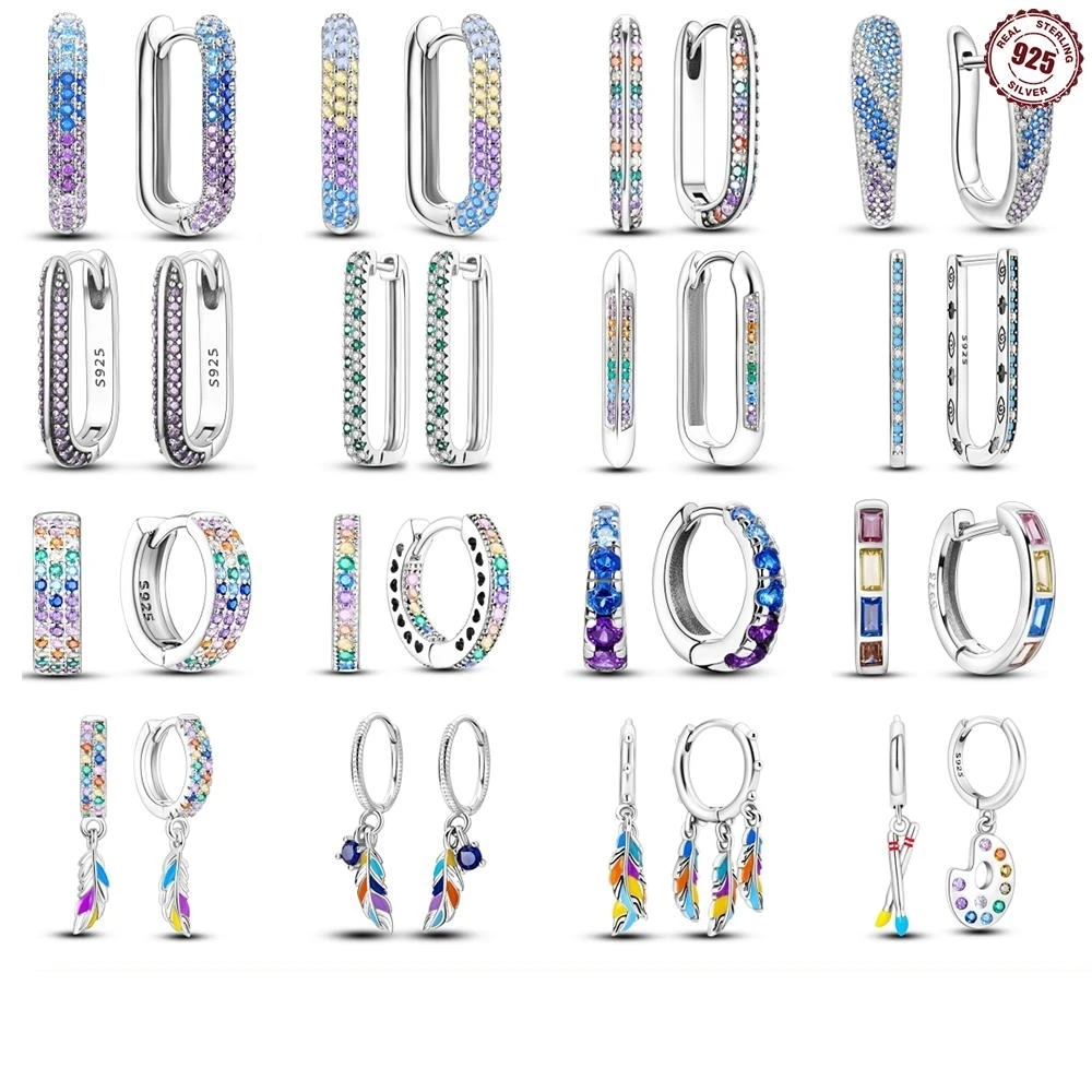 Doppel-Creolen aus 925er-Sterlingsilber mit funkelndem kubischem Zirkon und bunter quadratischer Form für Frauen, Hochzeit, Verlobung, Schmuck