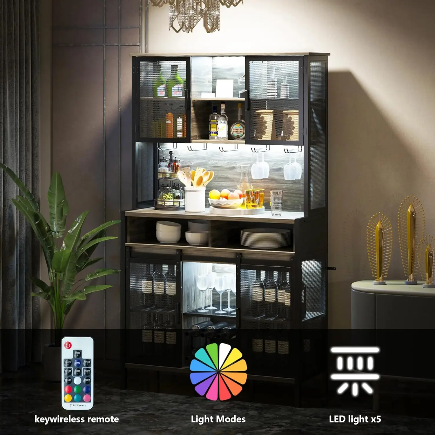 خزانة بار القهوة والنبيذ مع باب الحظيرة المنزلق، وخزانة بوفيه المزرعة مع رف النبيذ وحامل الزجاج، وخزانة تخزين LED