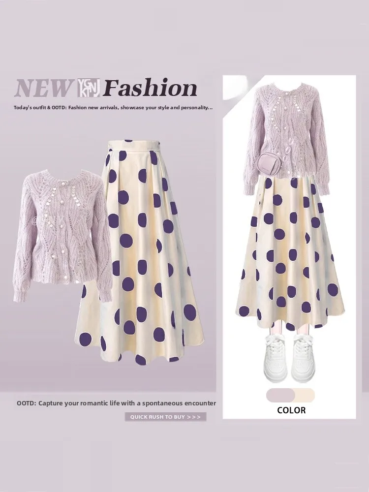 Fioletowy dzianinowy komplet z spódnicą w kropki dla kobiet, zimowy, modny, artystyczny, delikatny, w stylu wiatru.