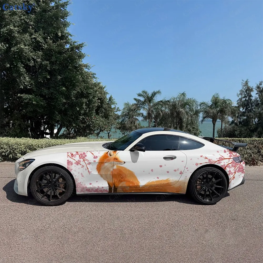 2pcs Spring Cherry Grove Fox Car Side Wraps, Self-Adhesive PVC Waterproof & Scratch-Resistant Stickers, Car Accessory Gift