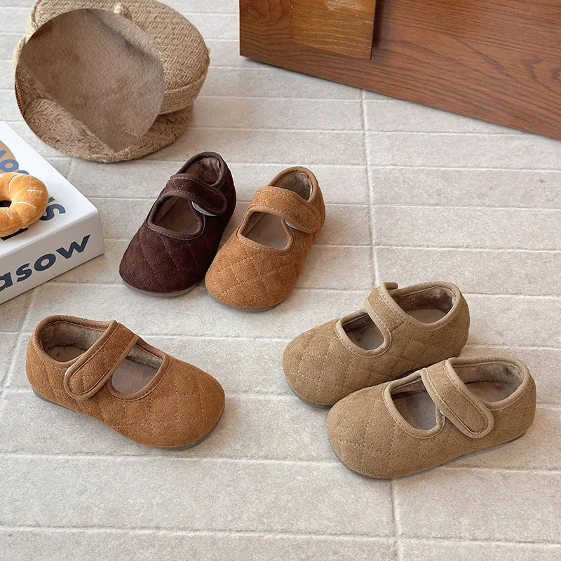 

2025 Autumn Winter New Children Casual Cotton Shoes for Girls Fashion Korean Style Soft Sole Non-slip Versatile Leather Shoes