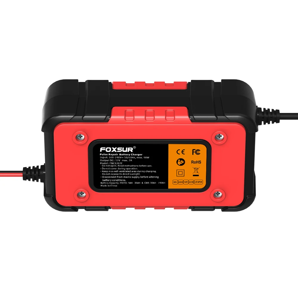 FOXSUR-Chargeur intelligent de batterie de voiture, 12V, 7A, AGM, GEL veFePO4 24.com, déLongues ateur, mainteneur de charge rapide de moto avec