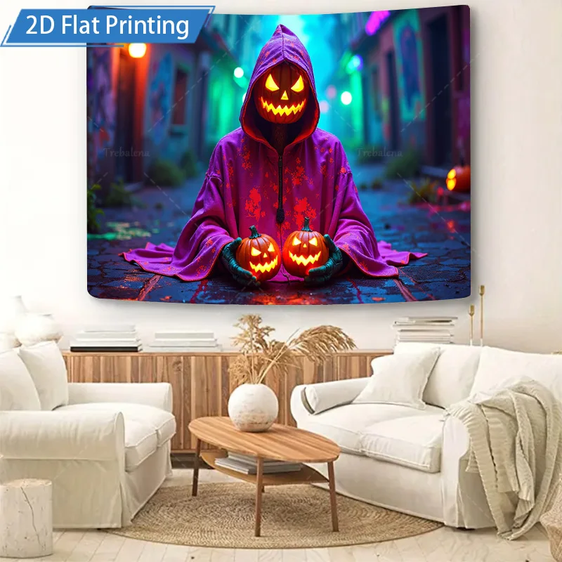 قطعة واحدة من نسيج الحائط للهالوين على شكل يقطين شبح - روح بقلنسوة أرجوانية مع فوانيس جاك أو، مشهد زقاق داكن