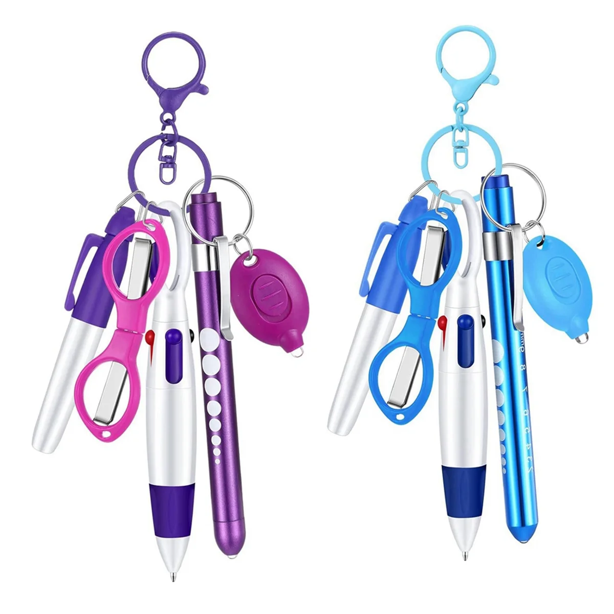 6-In-1 Multifunction Retractable Ball Pen Set Flashlight Foldable Scissors Ballpoint Pen Keychain Nurse Pens Blue