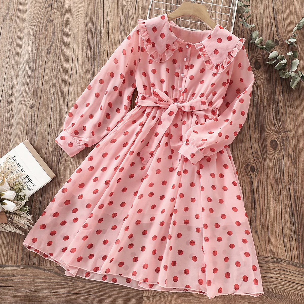 Girls Dress for Kids Costume Spring Long Sleeve Cute Dot Teenagers Chiffon Dress Children Clothes Vestidos 4 6 8 10 12 14 Years