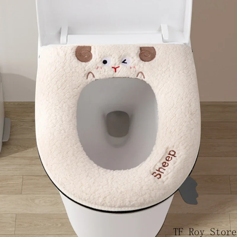 Cartoon Sheep Zipper Toilet Mat Lamb's Wool Toilet Seat Cover Universal Waterproof Toilet Seat Cushion Bathroom Accessories