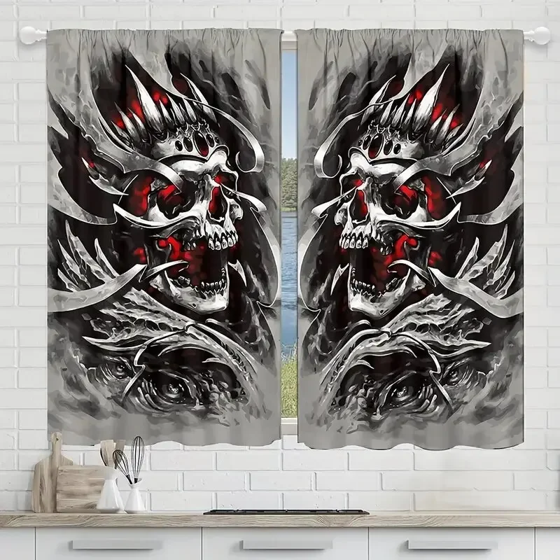 2 pieces - Metal red skull pattern printed curtains, window decorations, home decorations, room decorations