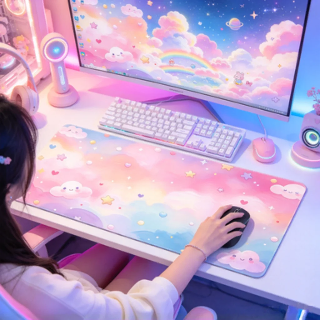 Pink Blue Rainbow Cloud Desk Mat, Purple Ghost Cat PC Accessory, Pink Kitten Mat,Hand Drawn Heart Mouse Pad,Candy Dot Gaming Mat