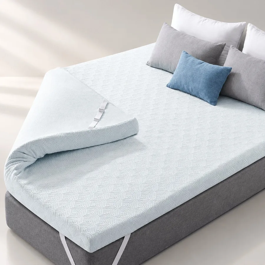 California King memory foam mattress topper for back pain relief, gel-infused ventilated white foam with wave pattern, CertiPUR