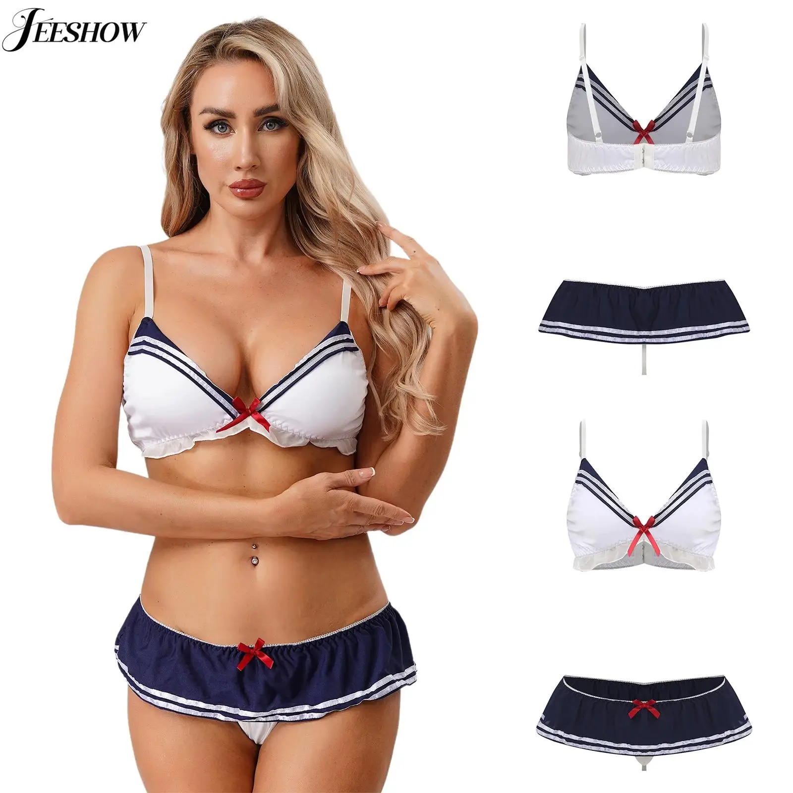 

Womens Sexy Sailor Lingerie Costume 2Pcs Bikini Lingerie Set Spaghetti Straps Bra with Ruffled Skirted Thongs Tempting Nightwear