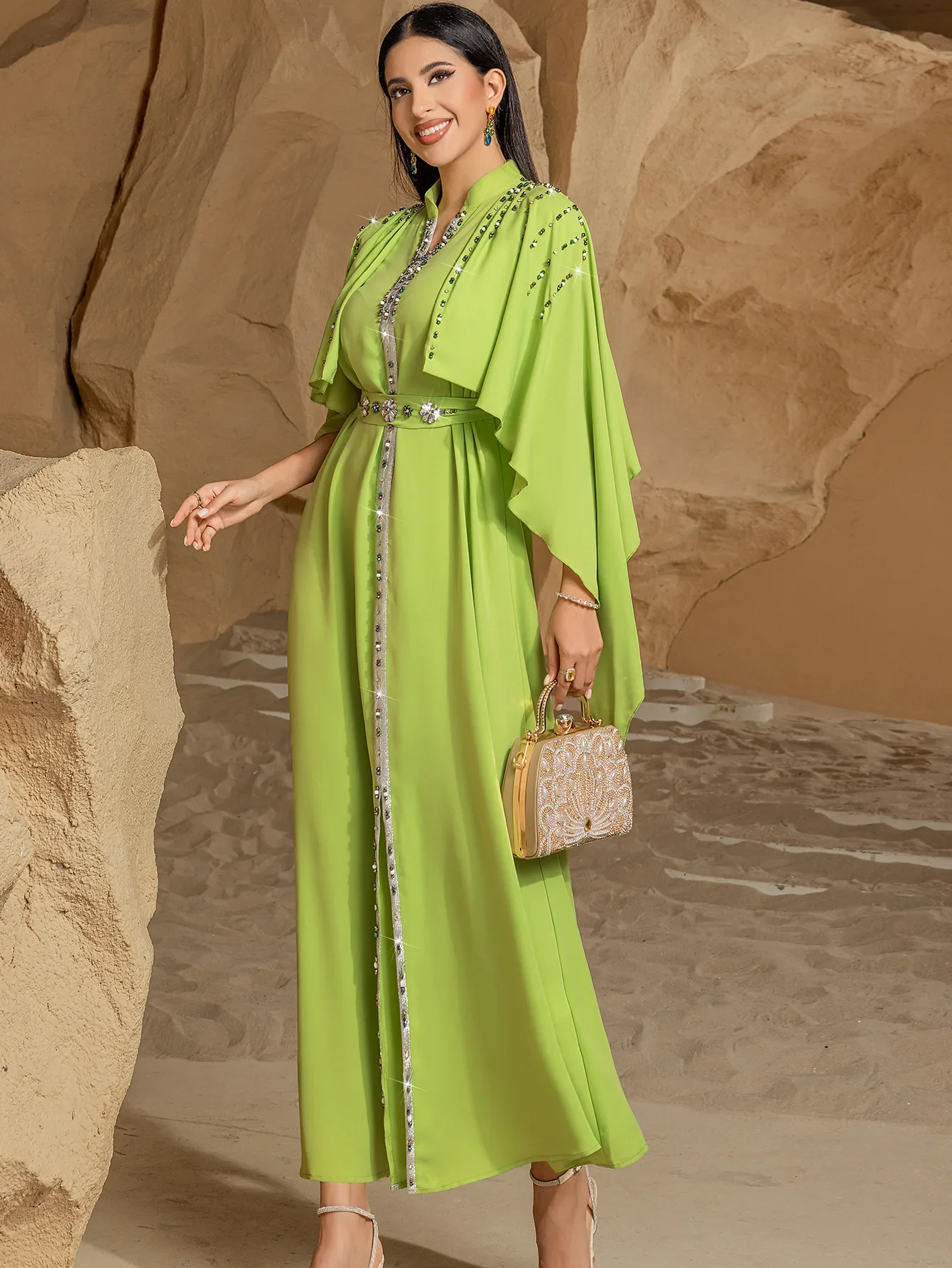 

Eid Mubarak Djellaba Luxury Dubai Abaya Diamonds Jalabiya 2025 Ramadan Muslim Dress for Women Cape Sleeve Islam Clothing Kaftan