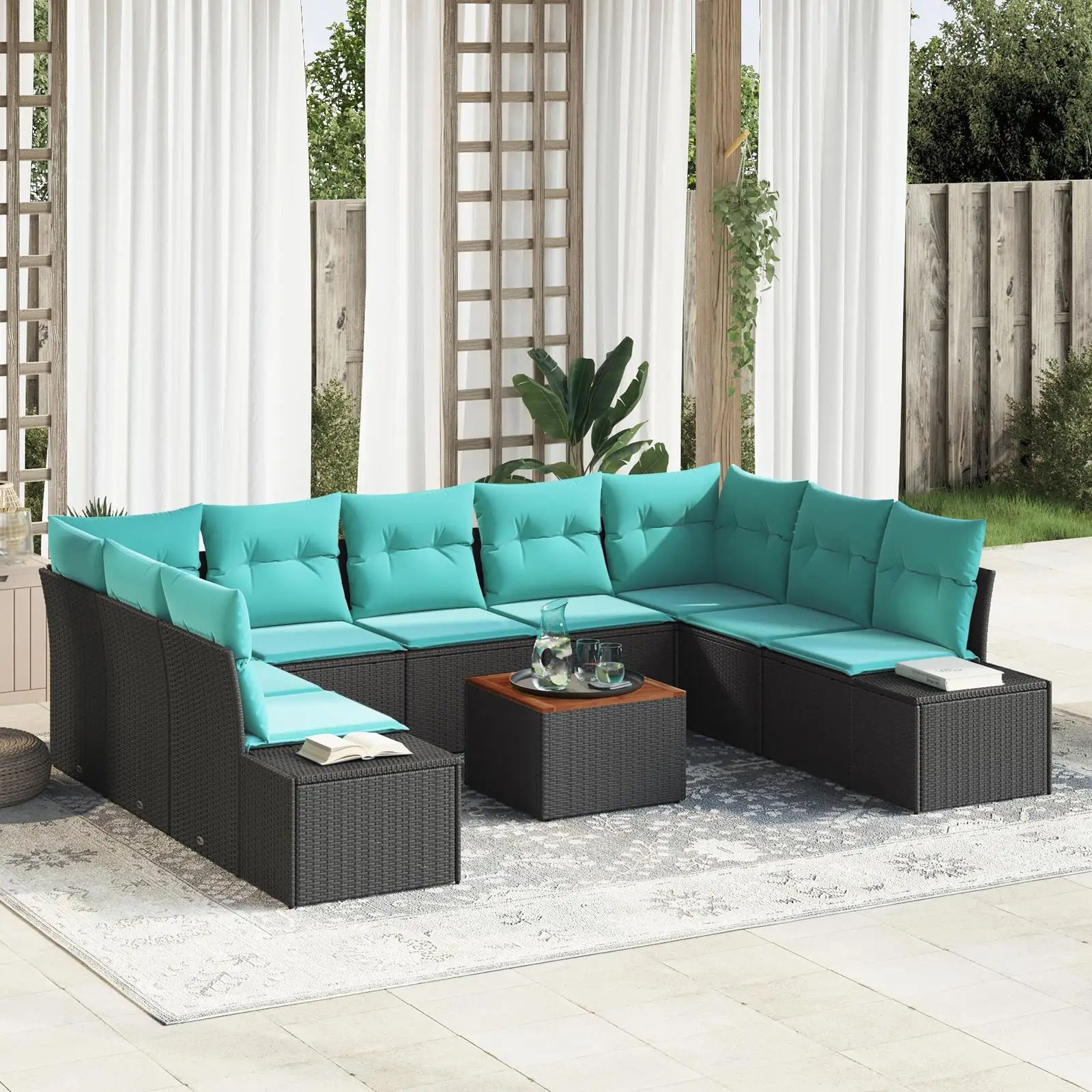

10 Piece Outdoor Sofa Set with Cushions Black Rattan Acacia Wooden Frame Garden Furniture