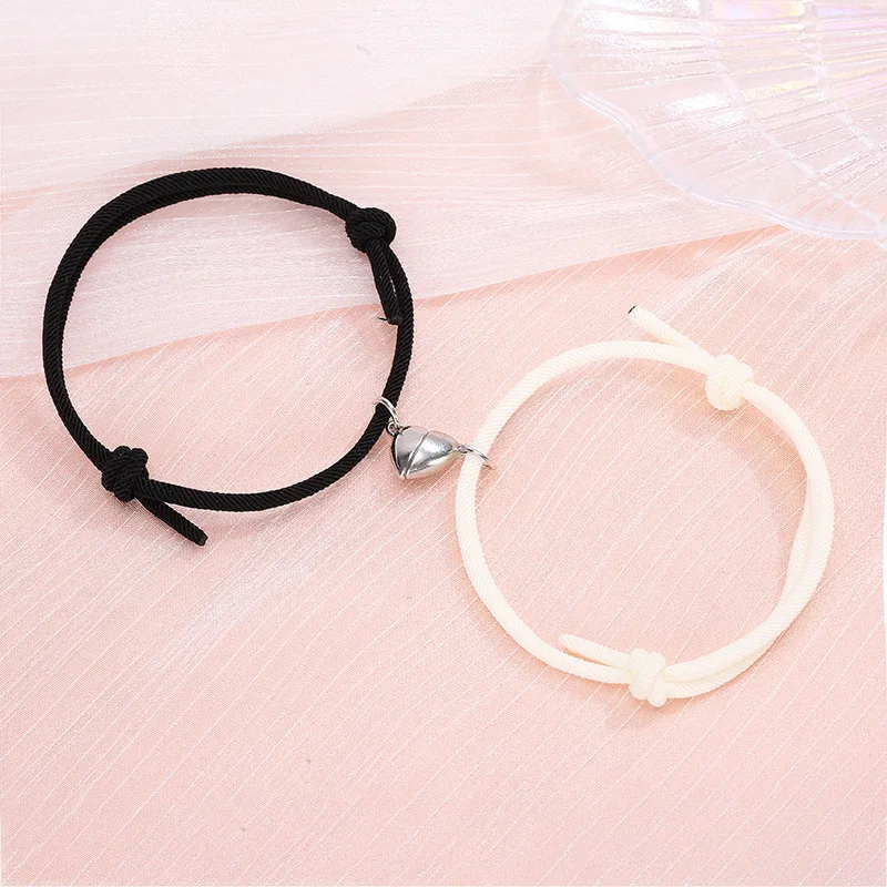 2 Pice Color Black White Hand Rope Love Magnetic Couple Good Friend Good Brother Party Student Travel Fashion Elegant Silver