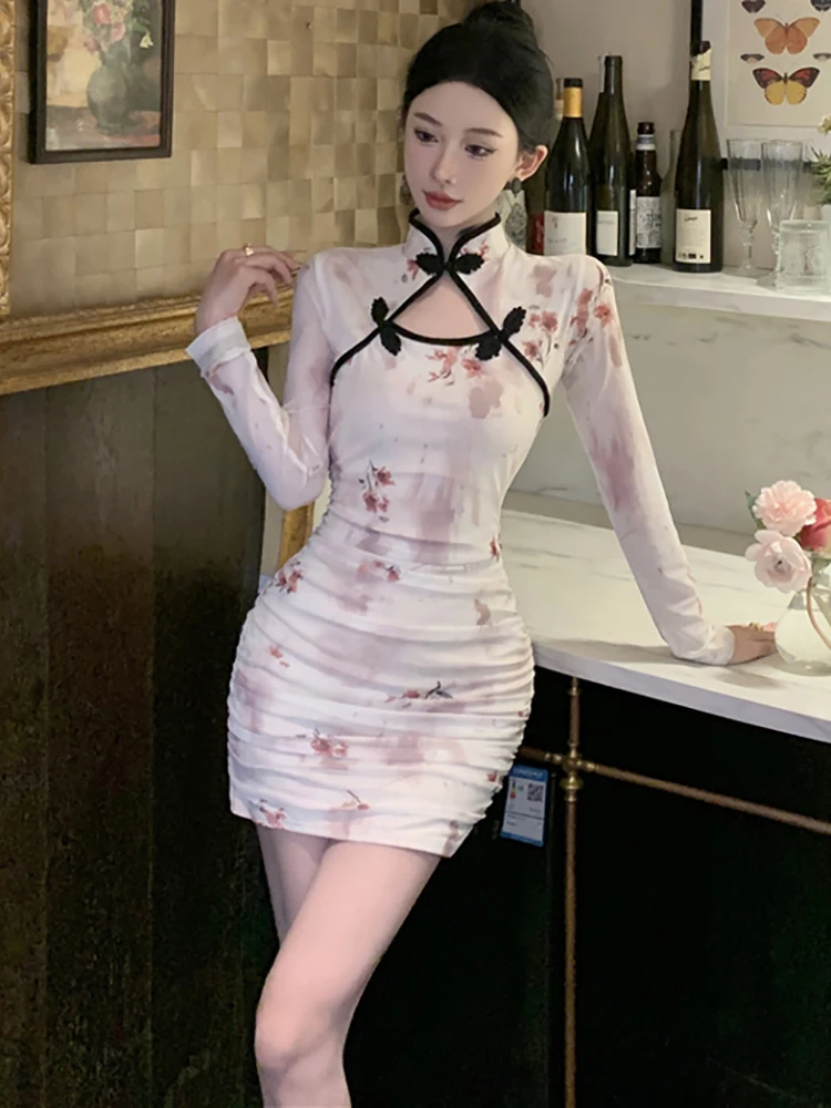 

2026 New Floral Mesh Hollow Out Stand Collar Mini Dress Spring Autumn Elegant Bodycon Dress Women Korean Chic Casual Home Dress
