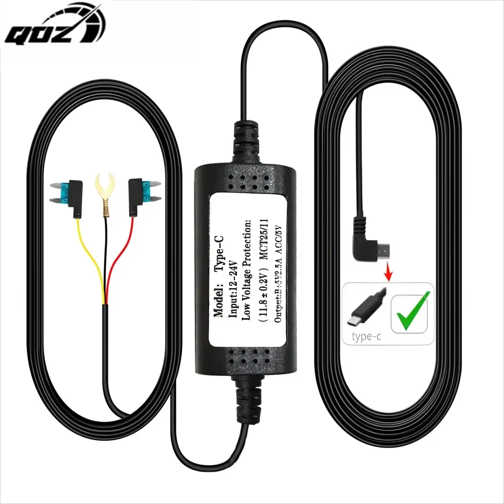 Qoz acessórios para carro, 3.5 metros, linha buck, mini usb tipo-c, kit de fio para painel, câmera 24h, monitoramento de estacionamento, câmera dashca