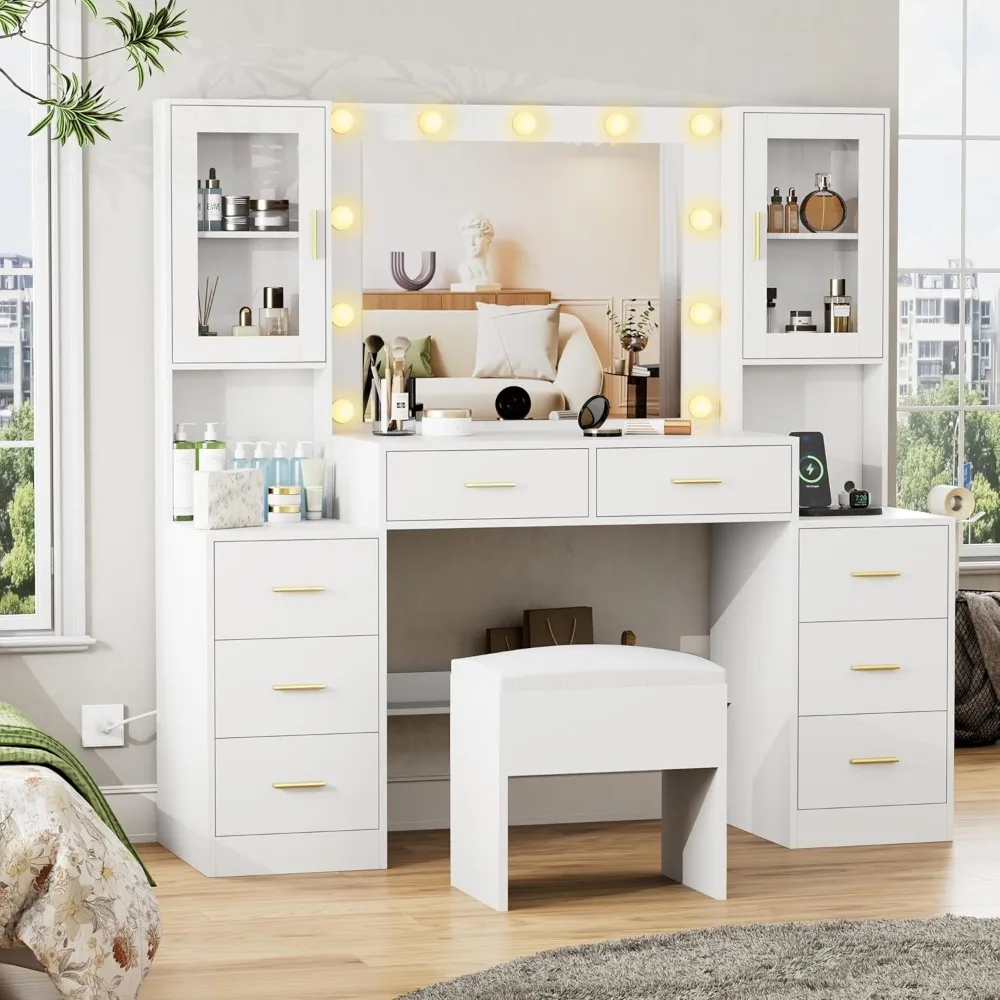 

Large Vanity Desk with Mirror & Lights, White Makeup Vanity with Power Outlet and 8 Drawers, 2 Cabinets, Vanity Table with Light