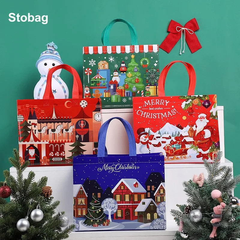 

StoBag 12pcs Merry Christmas Non-woven Tote Bags Fabric Gift Candy Package Cloth Waterproof Storage Reusable Pouch Party Favors