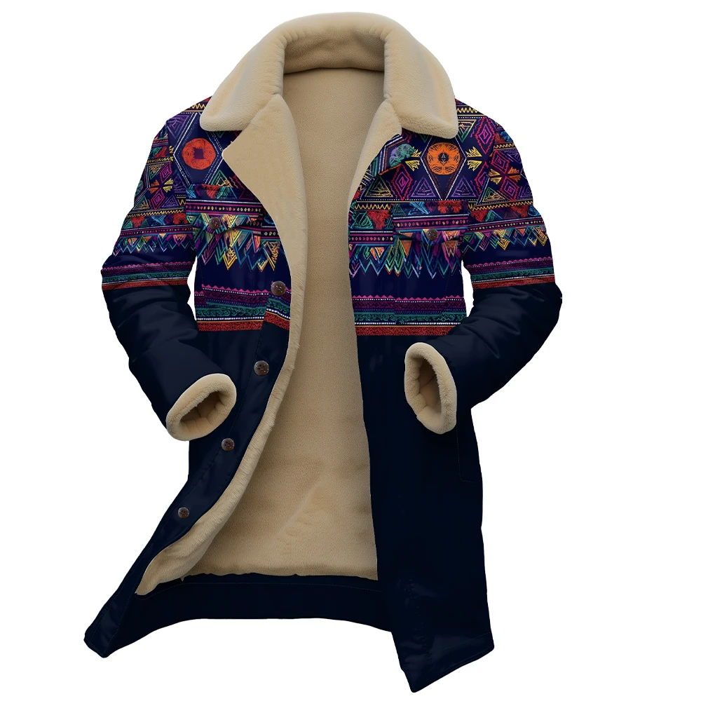 Men Bohemian Print Jacket with Faux Fur Collar Ethnic Geometric Pattern Coat Vintage Style Button Up Warm Fall Winter Outerwear