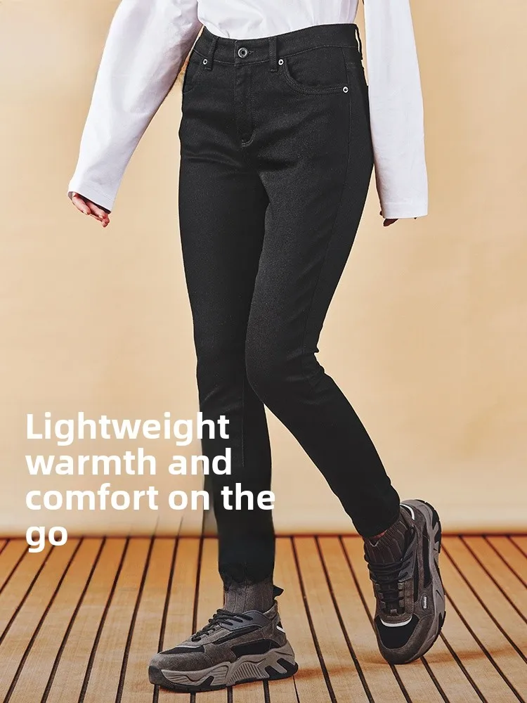 

Slim Fit Fleece Lined Pencil Jeans Women's Autumn New Straight Leg Breathable Elastic Space Silk Windproof Ladies Denim