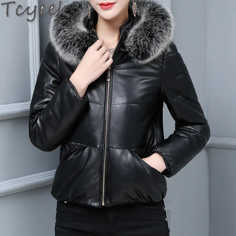 

Tcyeek Natural Fox Fur Collar Genuine Leather Down Coat Women 2023 Winter Fashion Sheepskin Down Jackets Woman Clothing Slim Fit