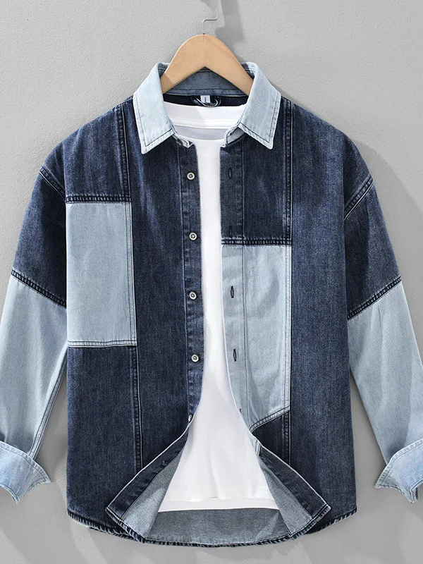 

Spring Fre Color Blo Waed Denim Long Sve Men's Casual irt High Collar Splice Sle Polyester Blend Cotton Blend