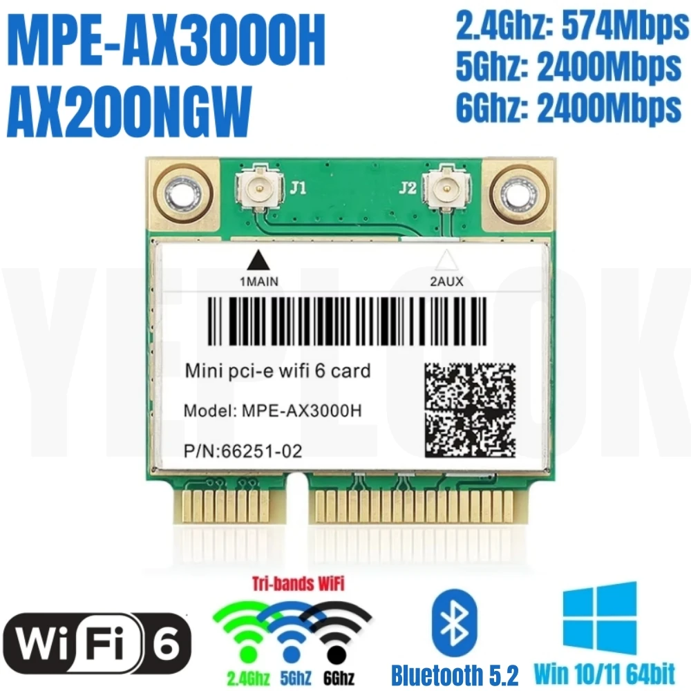 WiFi 6 MPE-AX3000H for Intel AX200HMW Mini PCIe Network Card 2* 2400Mbps + 574Mbps Tri-Band 2.4G/5G/6GHz Bluetooth BT5.2 MU-MIMO