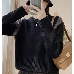 New Autumn/Winter Fashion Lazy Style Retro Contrast Round Neck Loose Versatile Slim and Fashionable Long Sleeve Knitted Sweater