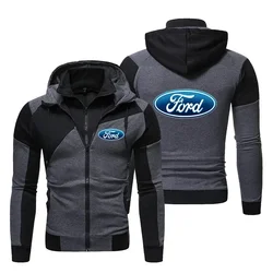 New Men's Ford Logo Racing Logo Jacket Zipper Hooded Sweatshirt Jacket Outdoor Sports Double Zipper Shirt Clothing