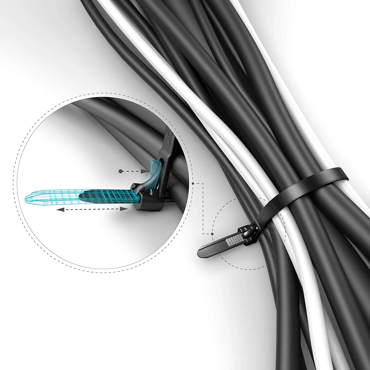 E-Easy To Use-100 قطعة ربطة كابل نايلون قابلة لإعادة الاستخدام بإبزيم حي أسود 7.4 مم × 250 مم