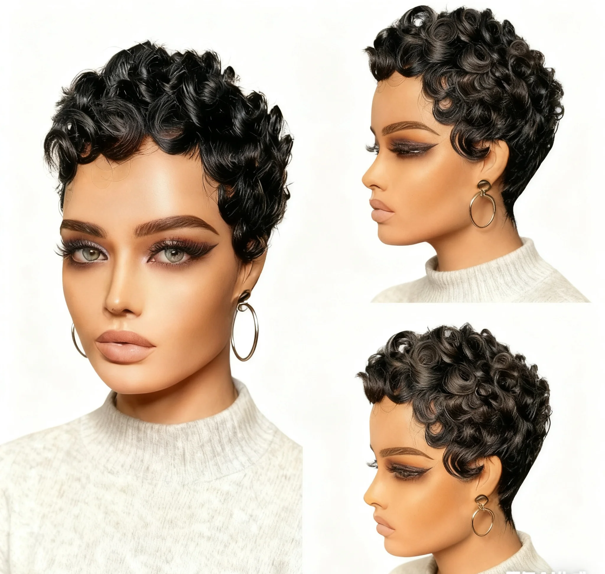 人毛ショートウィッグ ピクシーカット 機械製 ショートブラックレイヤードウェーブウィッグ 女性用 ピクシーウィッグ ブラジル産バージンショートレイヤード