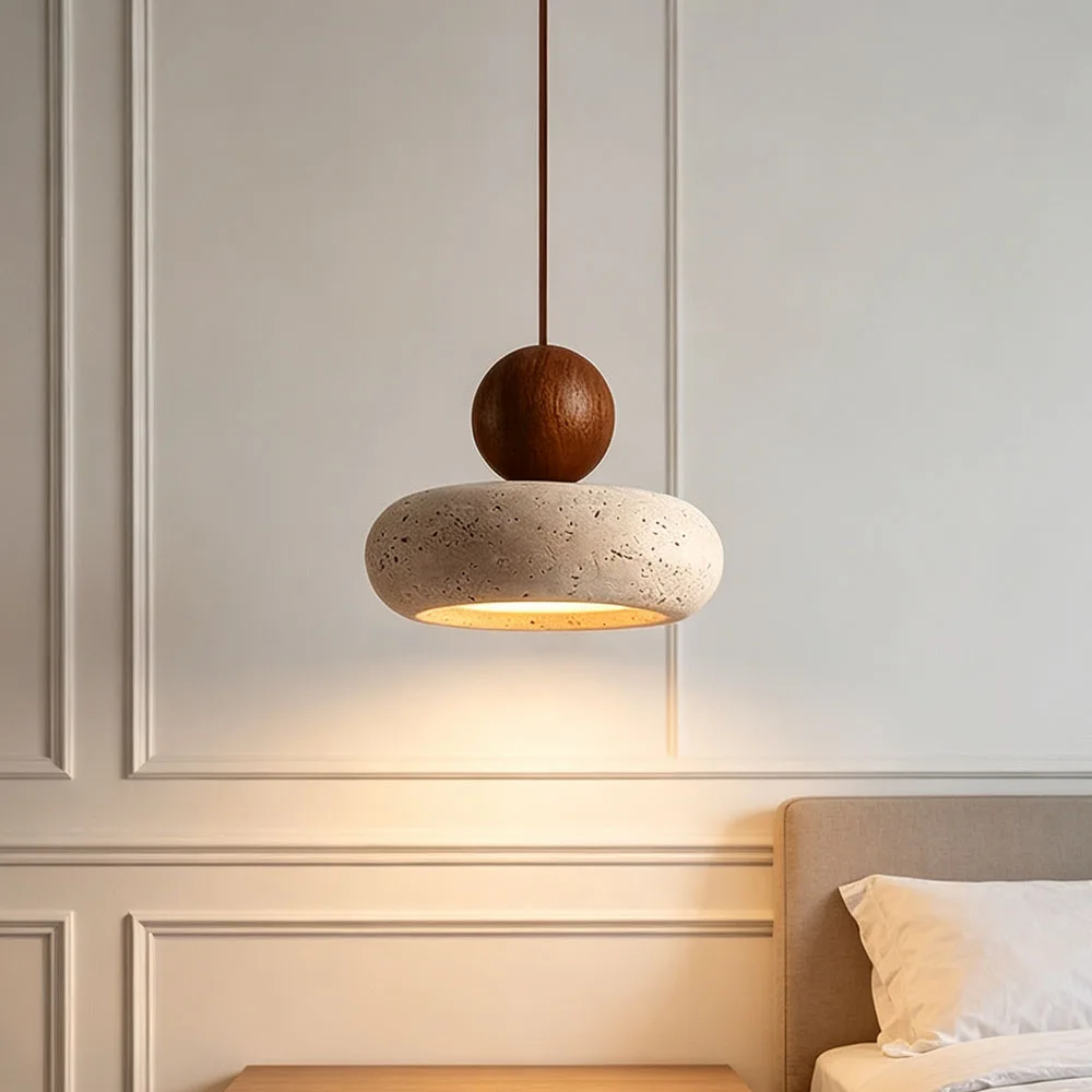 Nordic Travertine Pendant Lamp Wooden Ball Hanging Light Minimalist LED Ceiling Light for Bedroom Kitchen Island Dining Room