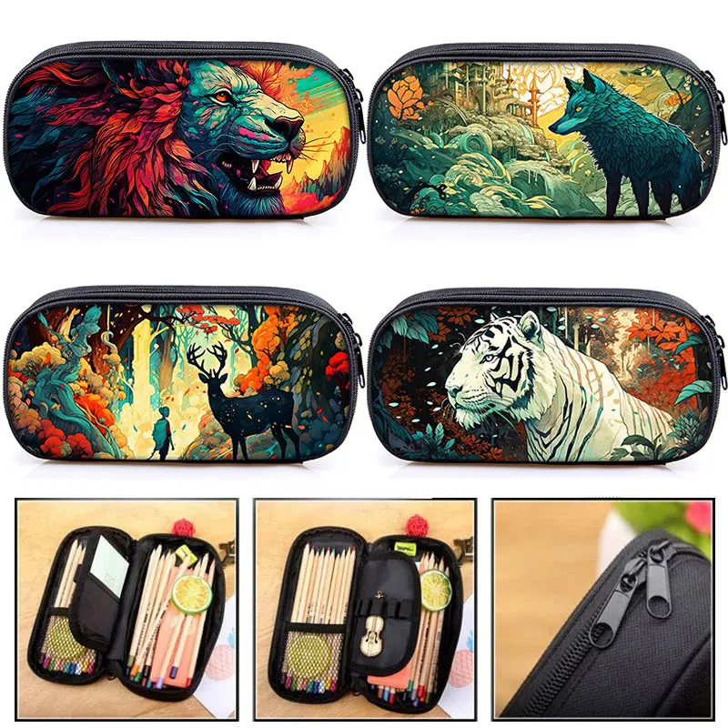 Abstract Paint Pencil Bag Watercolor Wolf Tiger Deer Cosmetic Cases Organizer Stationary Bag For Teenagers School Cases Supplies