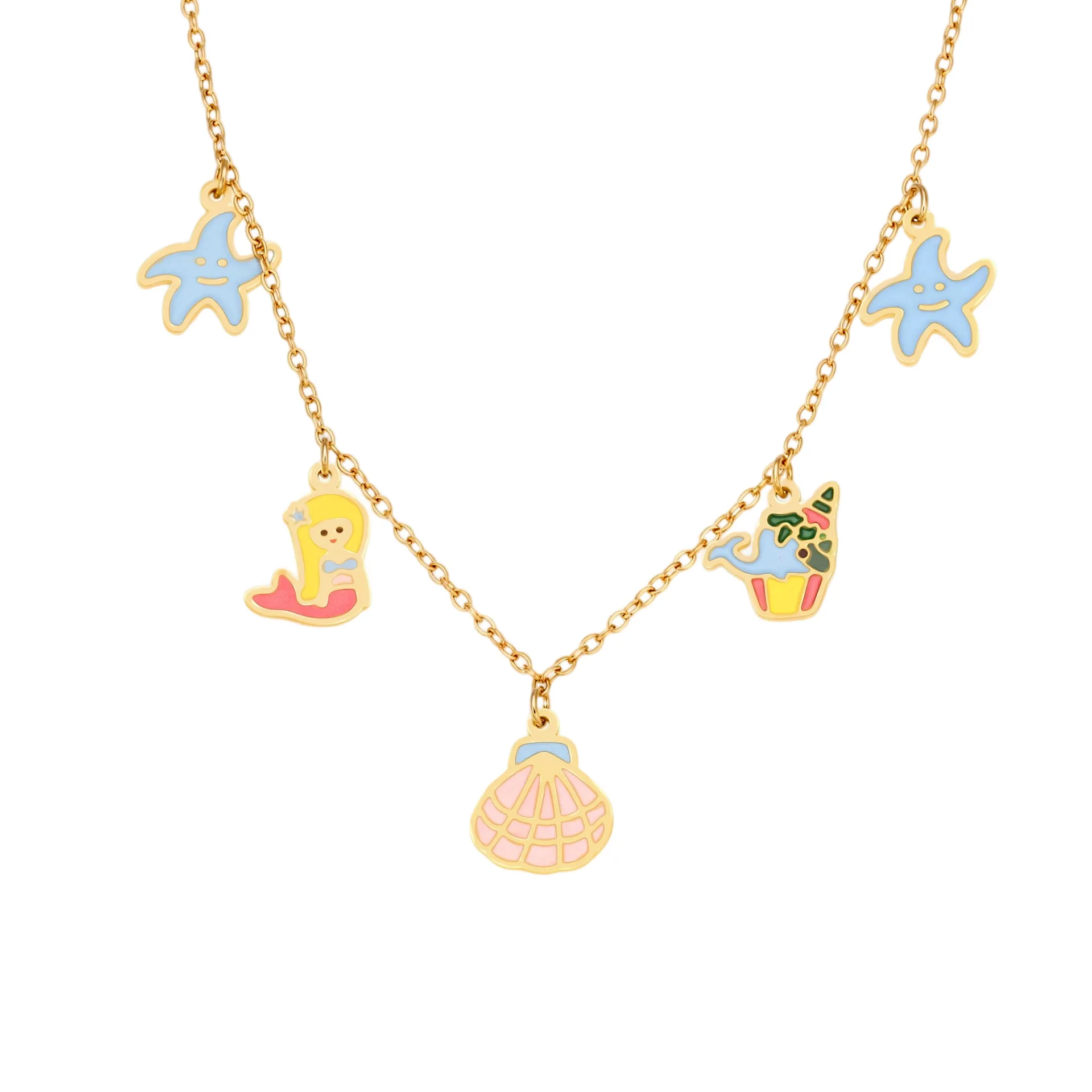 Mermaid Shell Starfish Necklace Bracelet Set for Girls Gold Titanium Steel Colorful Enamel Ocean Jewelry Cute Beach Summer Gift