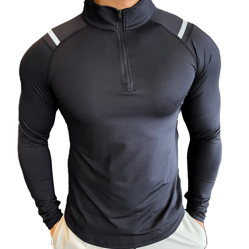 Spandex Long Sleeve finger Men Running Fitness Tshirt elastic Quick Dry Sports Bodybuilding Training stand collar Shirts