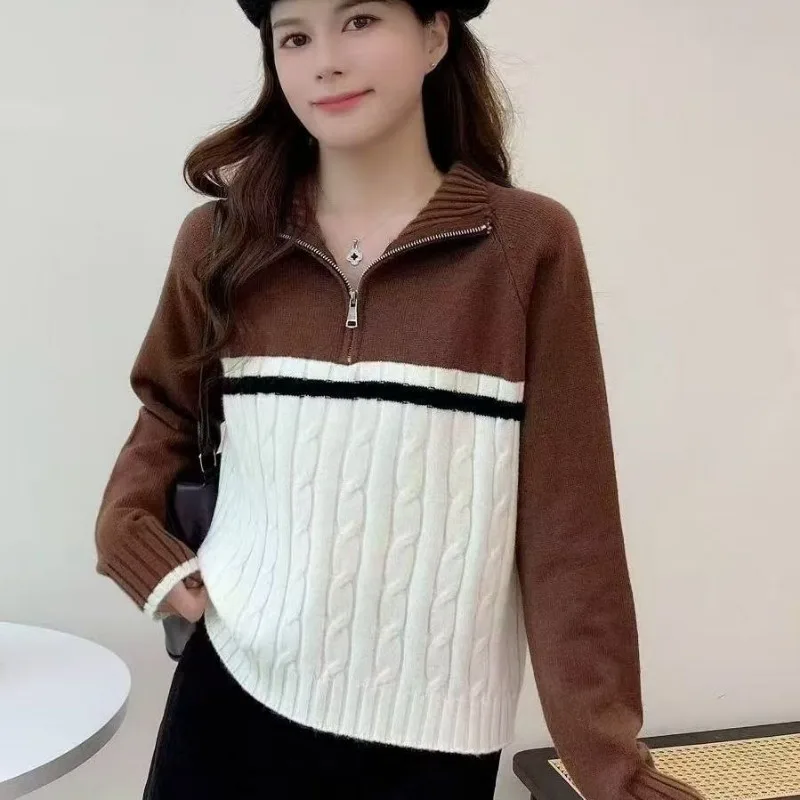 Lapel Half Zipper Turtleneck Knitted Jacket Sweater Autumn and Winter Fashion Loose Color Combination New Style