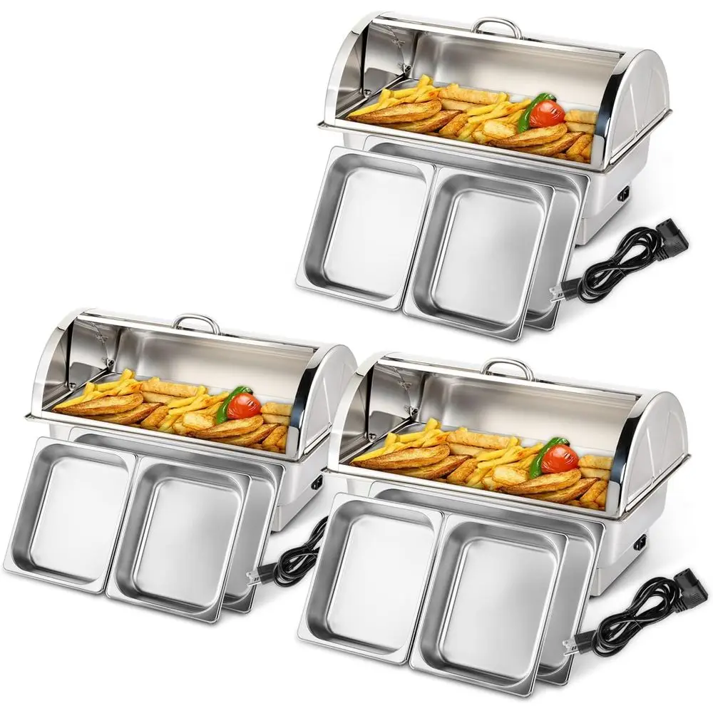 

9-Quart Electric Chain Dish Buffet Set, Stainless Steel Roll Top Server with Cover, Full Size & 2 Detachable Food Pans for Parti